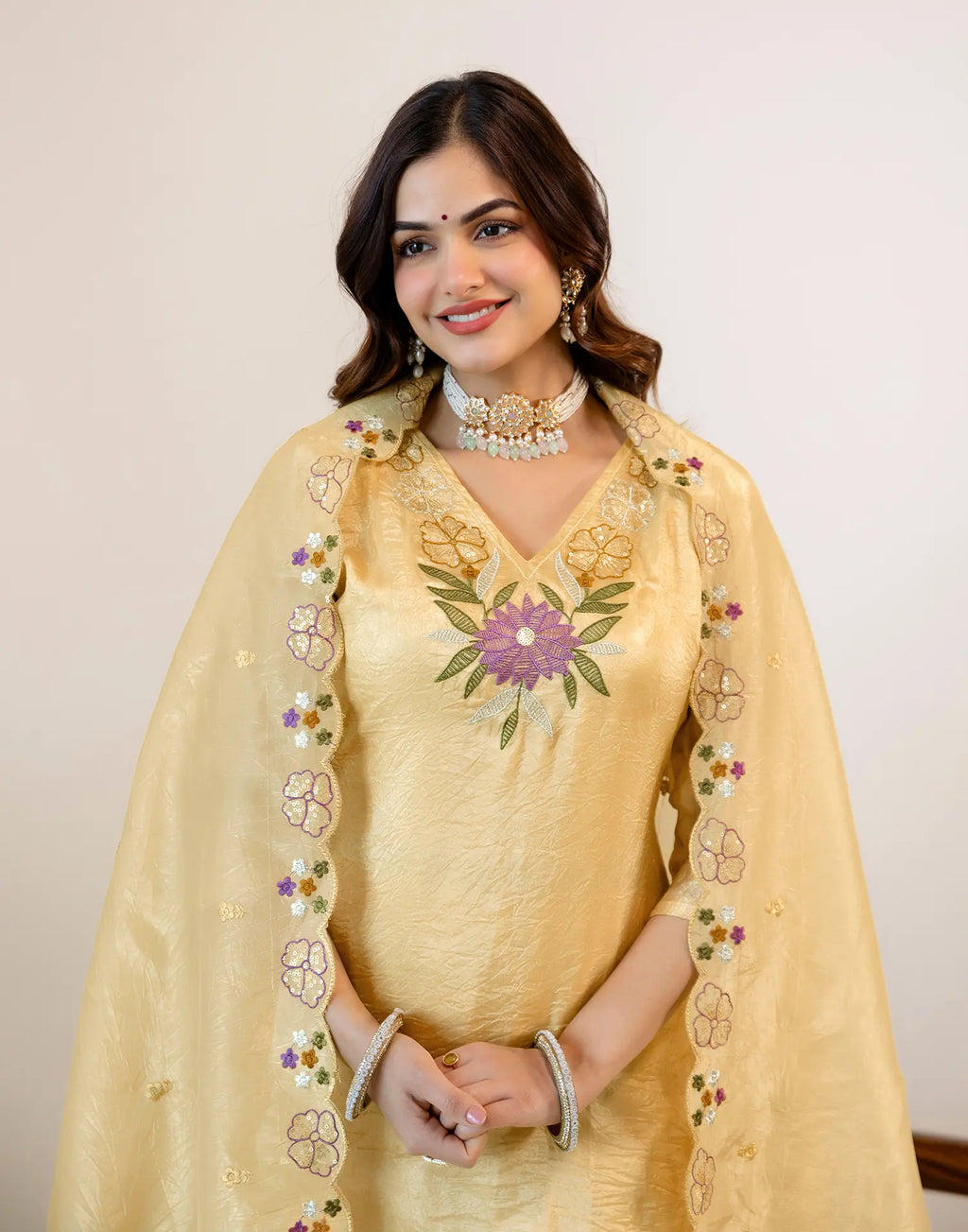 Honey Banana Yellow V-Neck Embroidered Straight 3 Piece Kurta Set with Dupatta