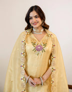 Honey Banana Yellow V-Neck Embroidered Straight 3 Piece Kurta Set with Dupatta