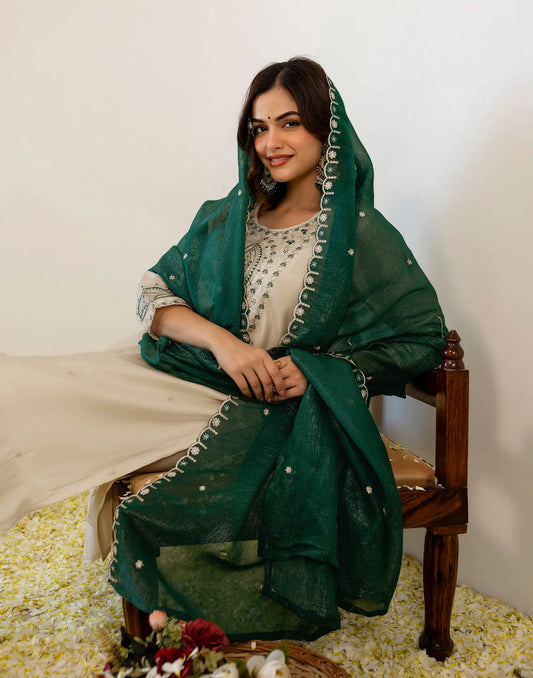 Metallic White Round Neck Embellished Straight 3 Piece Kurta Set With Dupatta
