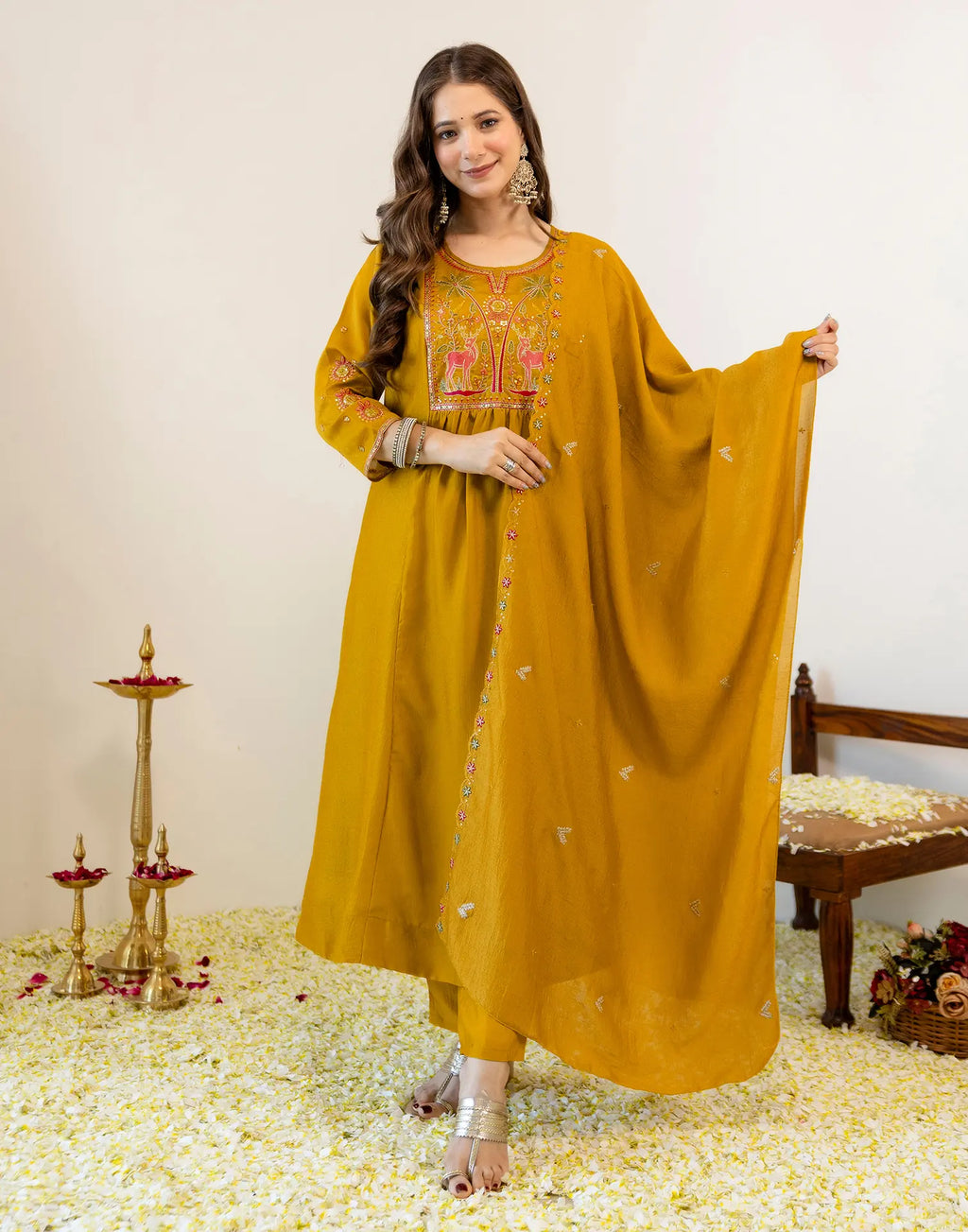 Antique Mustard Round Neck Embroidered Anarkali 3 Piece Kurta Set with Dupatta