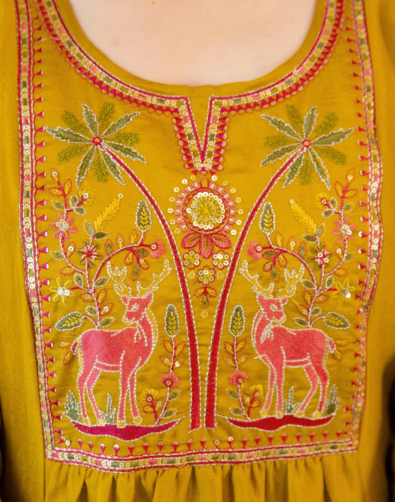 Antique Mustard Round Neck Embroidered Anarkali 3 Piece Kurta Set with Dupatta