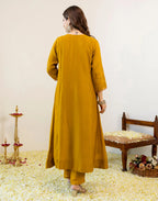 Antique Mustard Round Neck Embroidered Anarkali 3 Piece Kurta Set with Dupatta