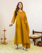 Antique Mustard Round Neck Embroidered Anarkali 3 Piece Kurta Set with Dupatta