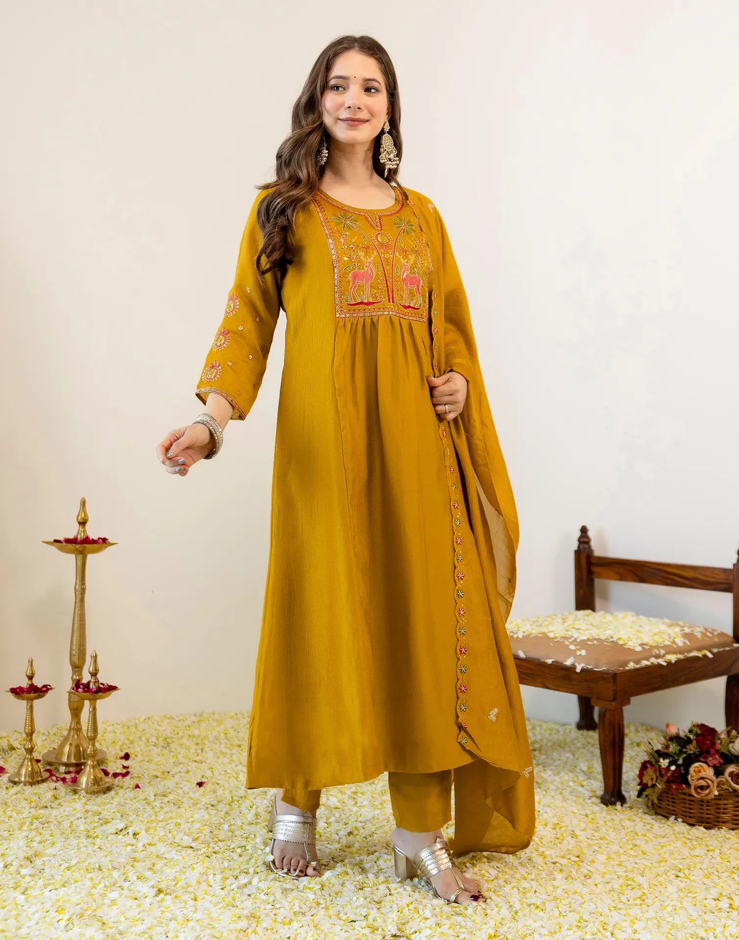 Antique Mustard Round Neck Embroidered Anarkali 3 Piece Kurta Set with Dupatta