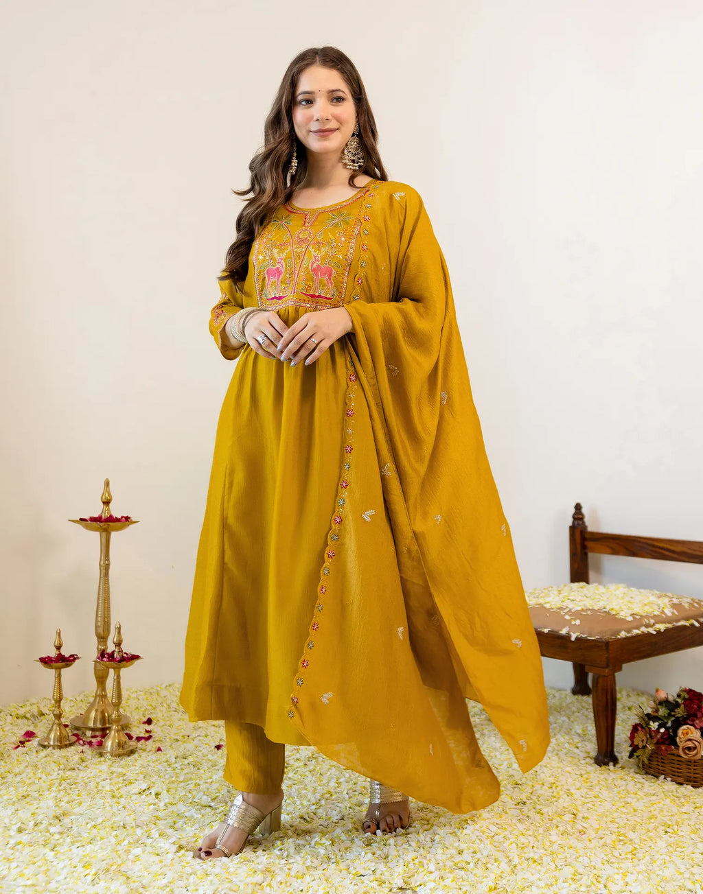 Antique Mustard Round Neck Embroidered Anarkali 3 Piece Kurta Set with Dupatta