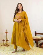 Antique Mustard Round Neck Embroidered Anarkali 3 Piece Kurta Set with Dupatta