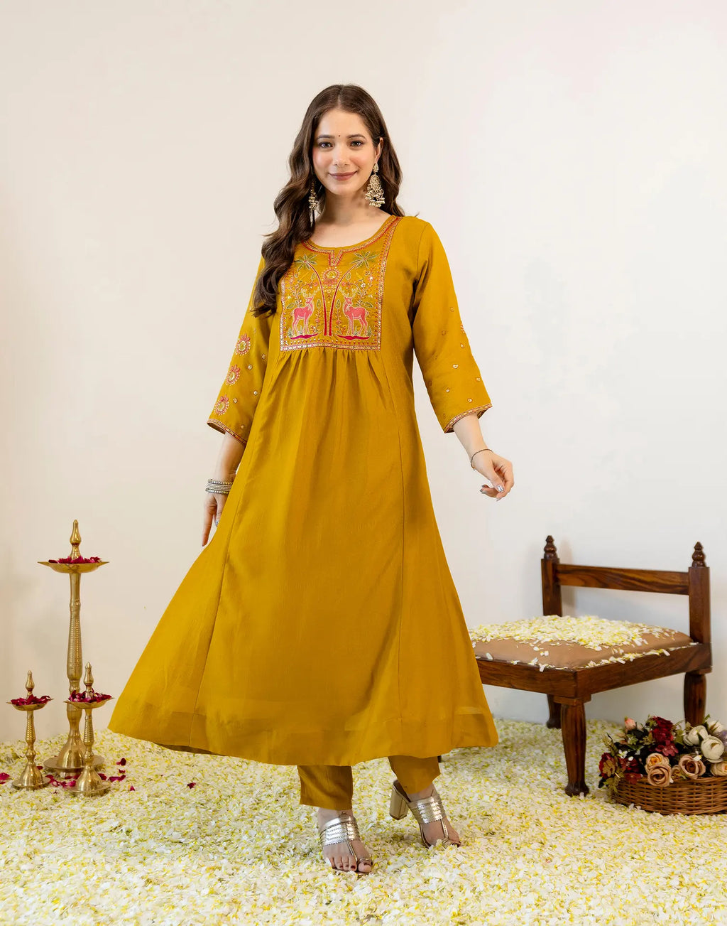Antique Mustard Round Neck Embroidered Anarkali 3 Piece Kurta Set with Dupatta