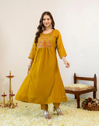 Antique Mustard Round Neck Embroidered Anarkali 3 Piece Kurta Set with Dupatta