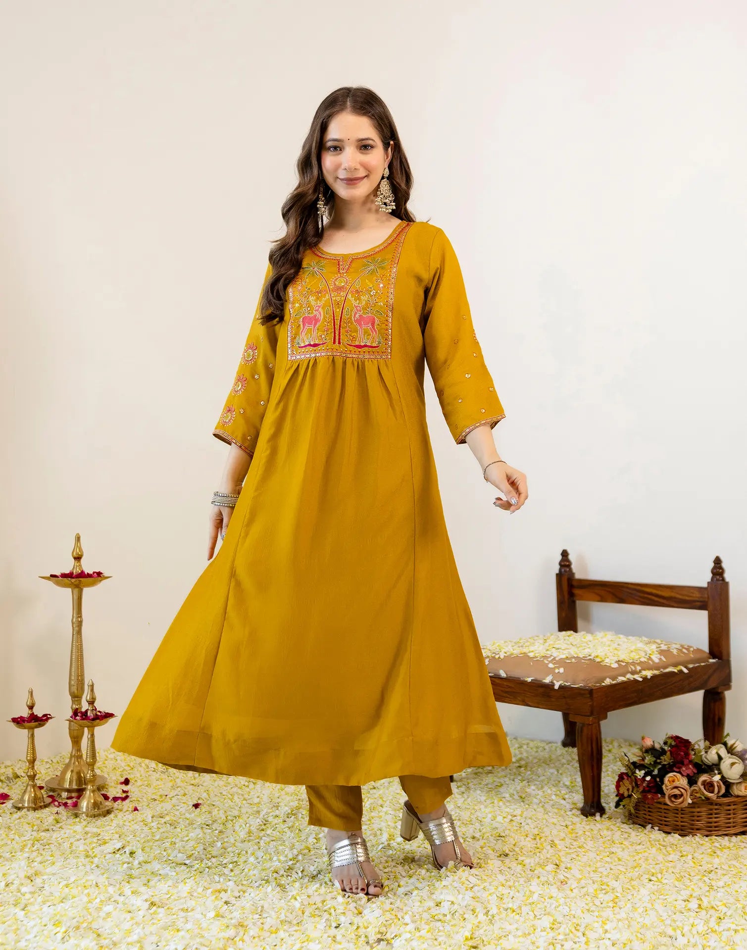 Antique Mustard Round Neck Embroidered Anarkali 3 Piece Kurta Set with Dupatta