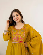 Antique Mustard Round Neck Embroidered Anarkali 3 Piece Kurta Set with Dupatta