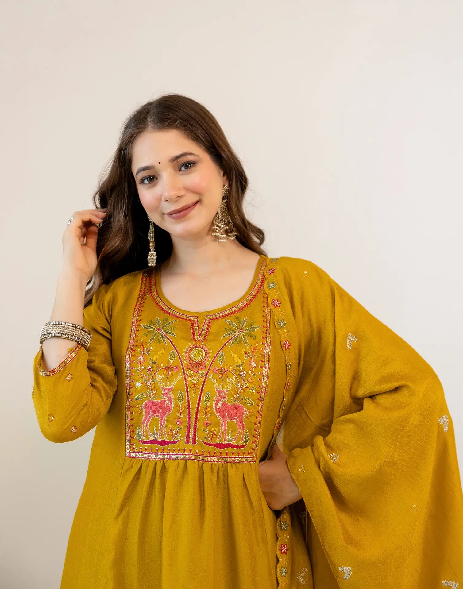 Antique Mustard Round Neck Embroidered Anarkali 3 Piece Kurta Set with Dupatta