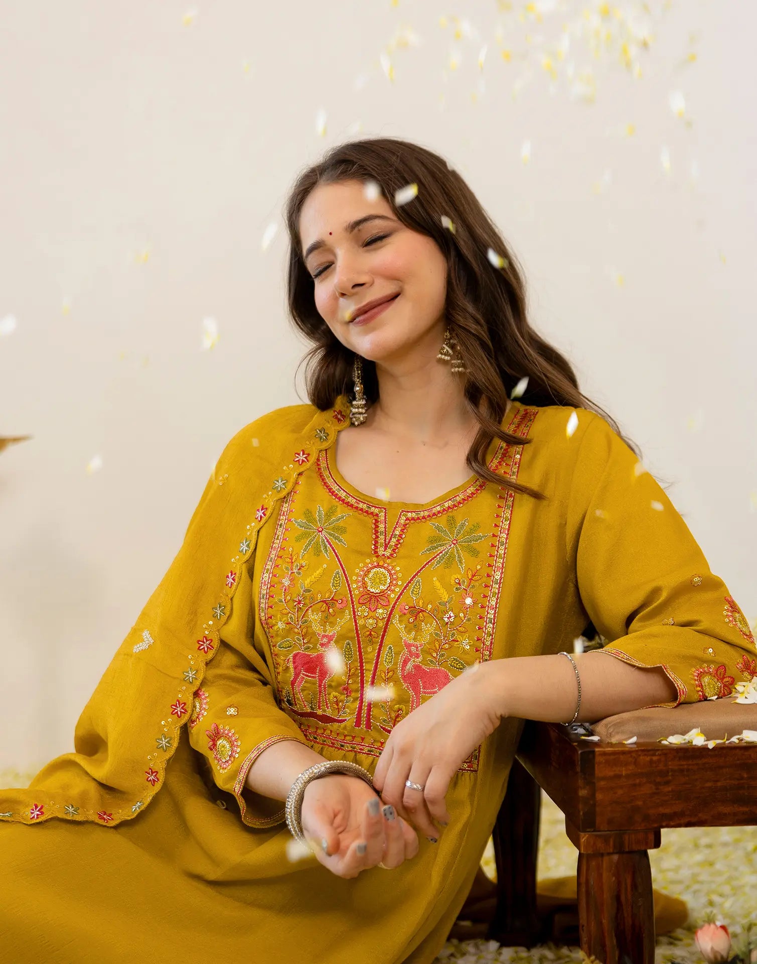 Antique Mustard Round Neck Embroidered Anarkali 3 Piece Kurta Set with Dupatta