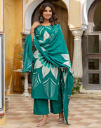 Skylee Cotton Printed Straight 3 Piece Kurta Set For Woman