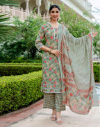 Skylee Cotton Printed Straight 3 Piece Kurta Set For Woman