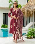 Skylee Cotton Printed A-Line 3 Piece Kurta Set For Woman