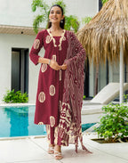 Skylee Cotton Printed A-Line 3 Piece Kurta Set For Woman