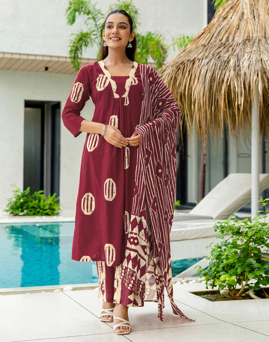 Cotton Printed A-Line 3 Piece Kurta Set