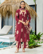 Skylee Cotton Printed A-Line 3 Piece Kurta Set For Woman