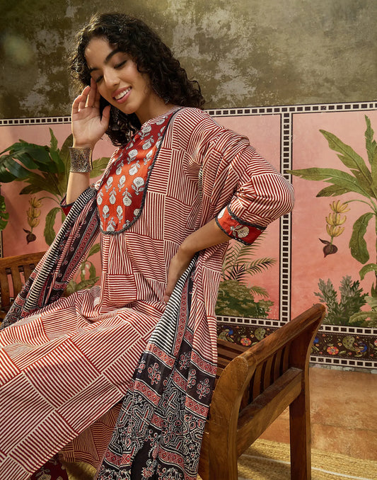 Scarlet Red Mandarin Collar Printed A-Line 3 Piece Kurta Set With Dupatta