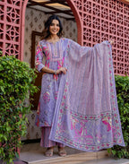Skylee Cotton Printed Straight 3 Piece Kurta Set For Woman