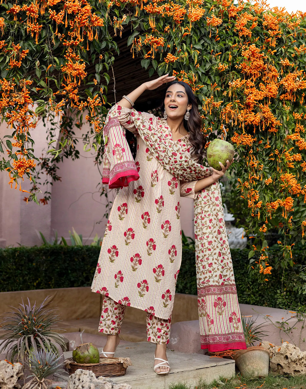 Skylee Cotton Printed Straight 3 Piece Kurta Set For Woman