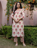 Skylee Cotton Printed Straight 3 Piece Kurta Set For Woman