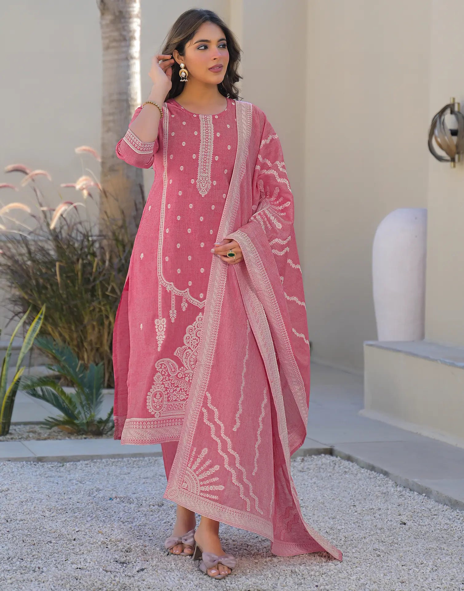 Skylee Cotton Woven Straight 3 Piece Kurta Set For Woman