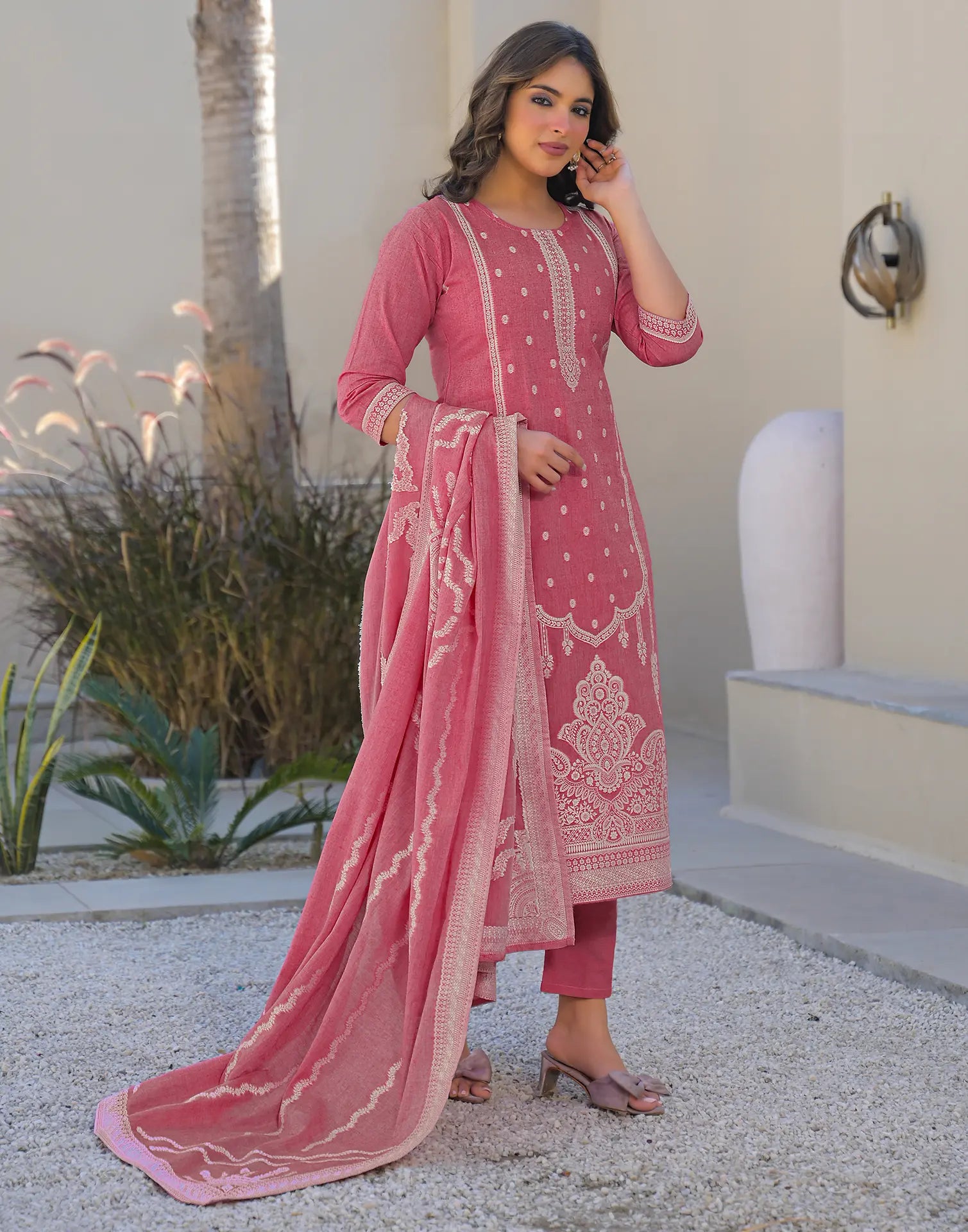 Skylee Cotton Woven Straight 3 Piece Kurta Set For Woman