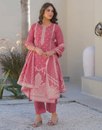 Skylee Cotton Woven Straight 3 Piece Kurta Set For Woman