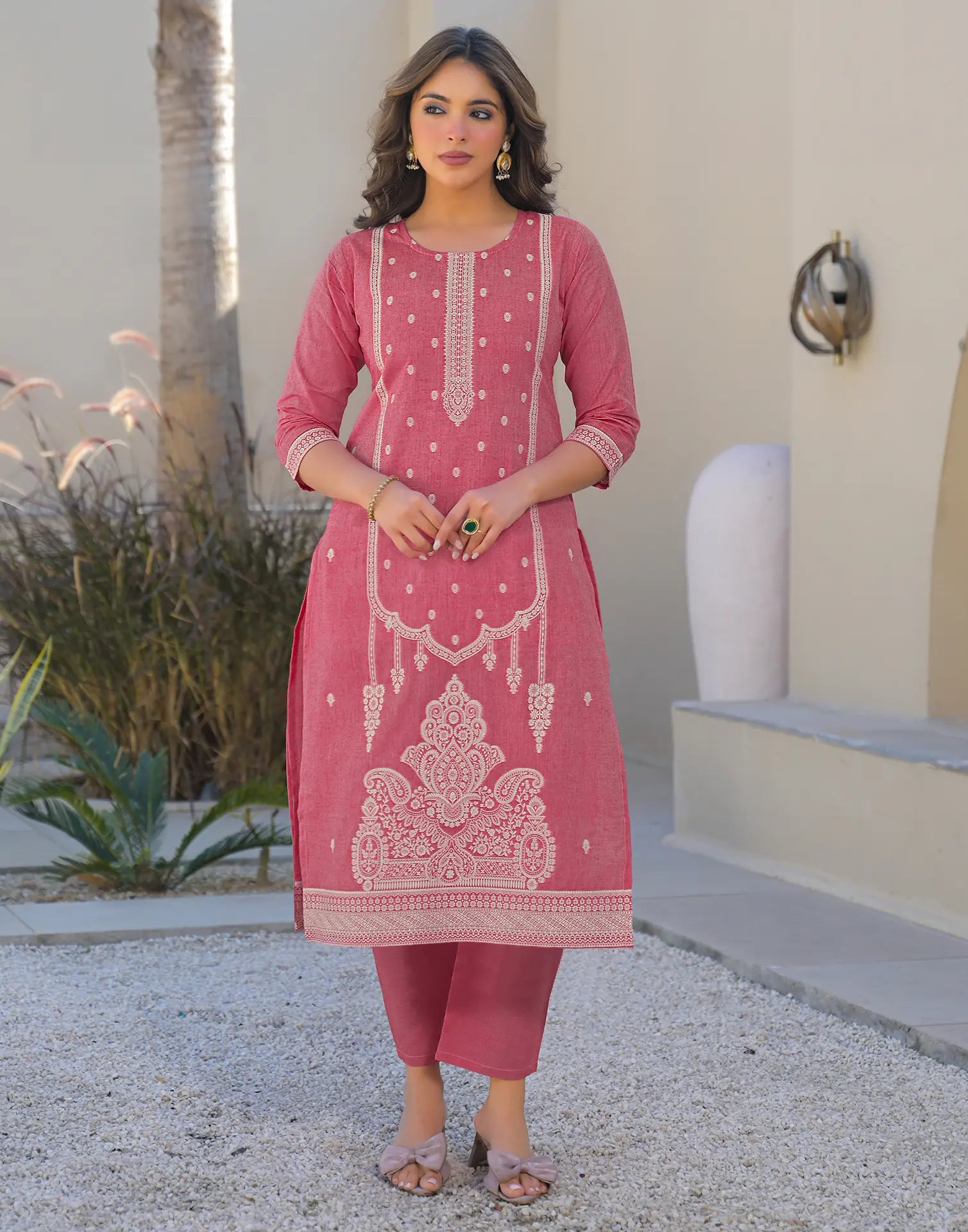 Skylee Cotton Woven Straight 3 Piece Kurta Set For Woman