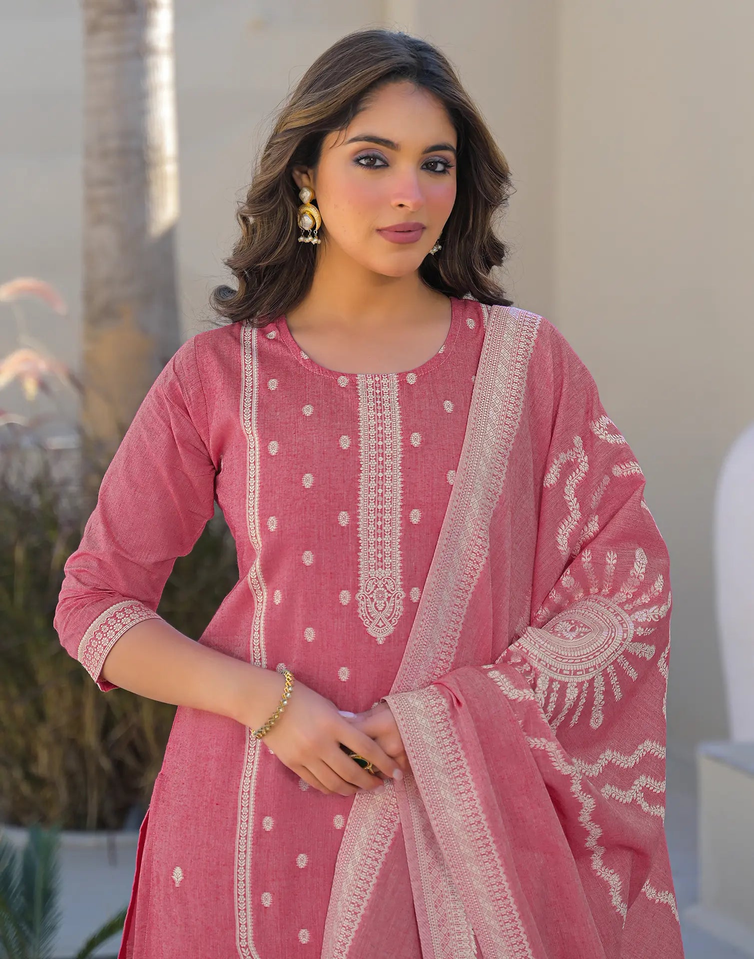 Skylee Cotton Woven Straight 3 Piece Kurta Set For Woman