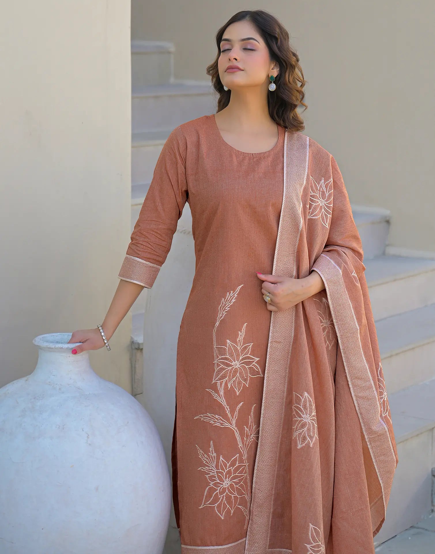 Skylee Cotton Woven Straight 3 Piece Kurta Set For Woman