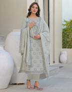 Skylee Cotton Woven Straight 3 Piece Kurta Set For Woman