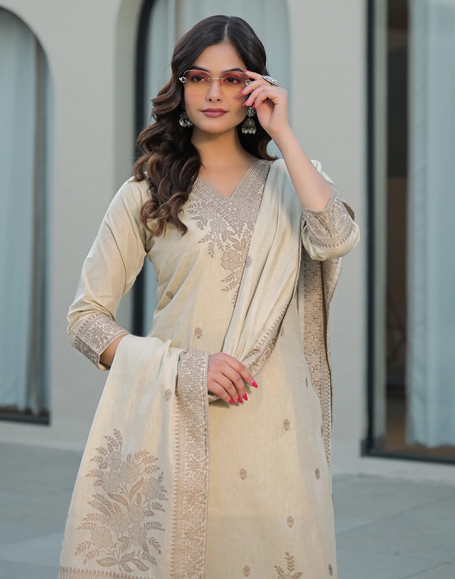 Skylee Cotton Woven Straight 3 Piece Kurta Set For Woman