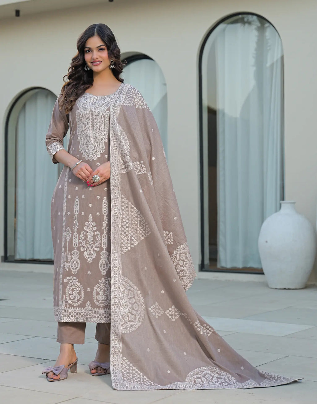 Skylee Cotton Woven Straight 3 Piece Kurta Set For Woman