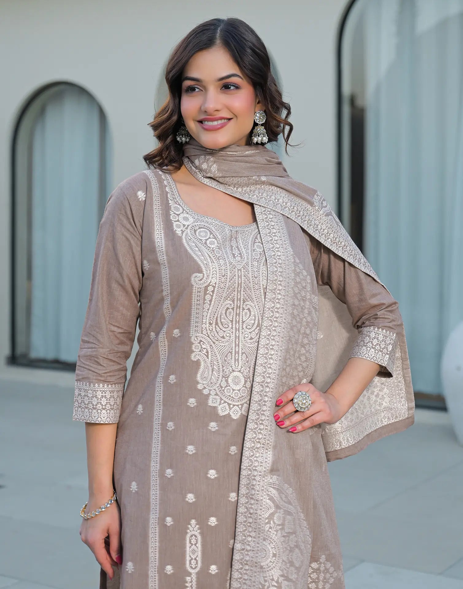 Skylee Cotton Woven Straight 3 Piece Kurta Set For Woman