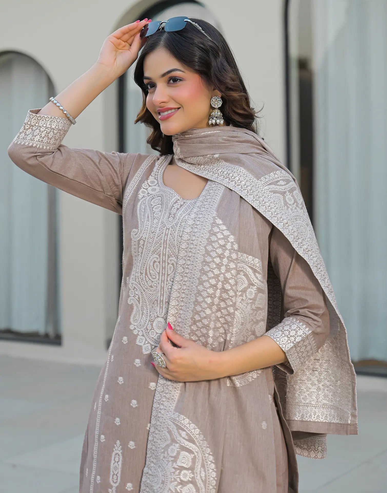Skylee Cotton Woven Straight 3 Piece Kurta Set For Woman