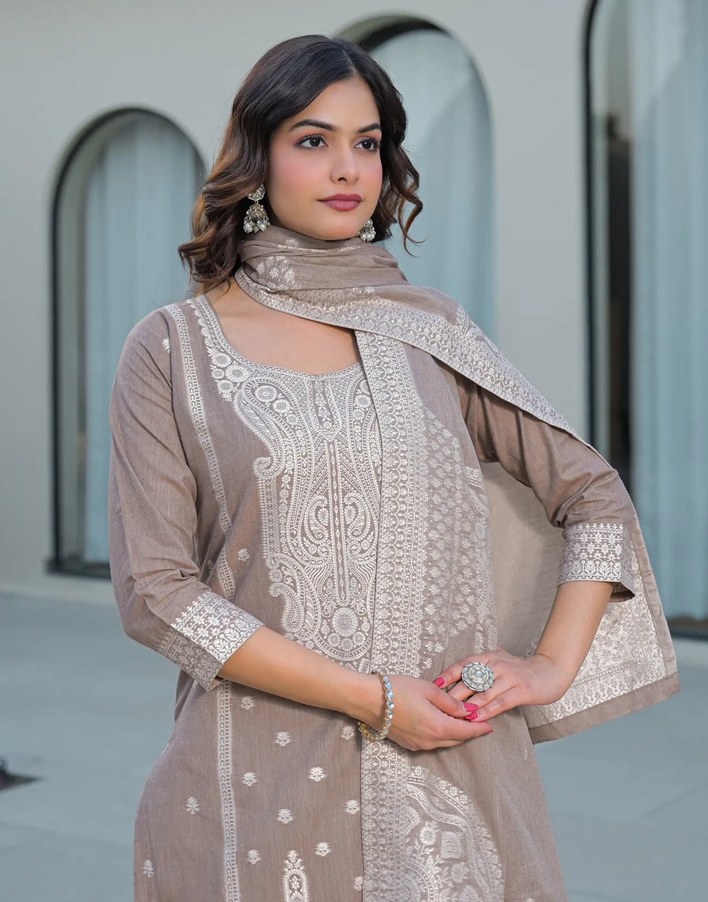 Skylee Cotton Woven Straight 3 Piece Kurta Set For Woman