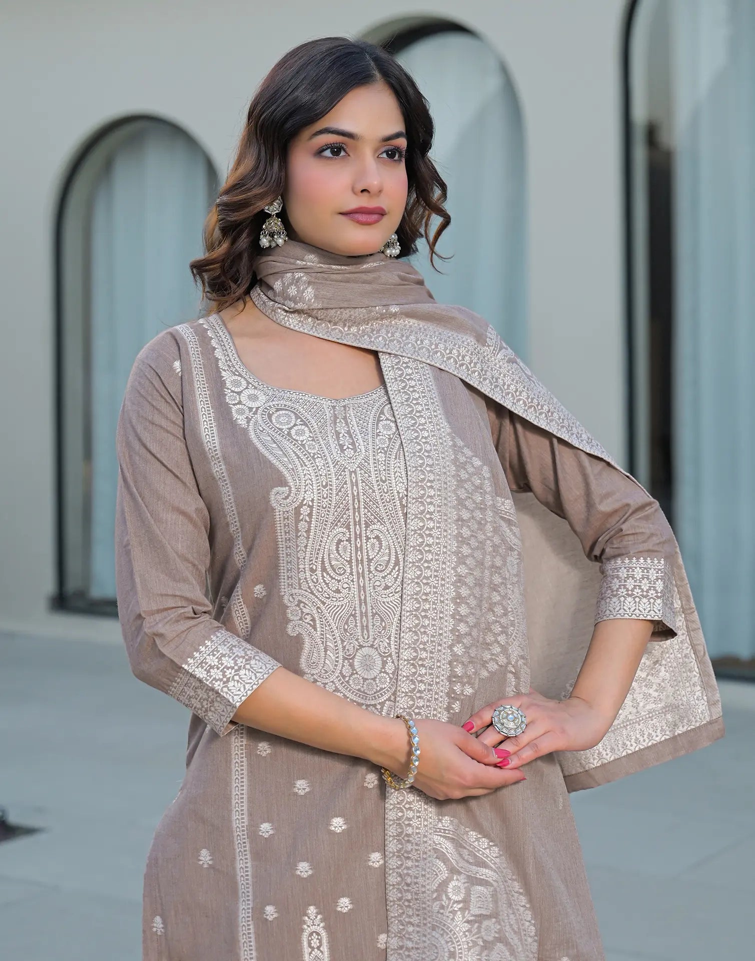 Skylee Cotton Woven Straight 3 Piece Kurta Set For Woman