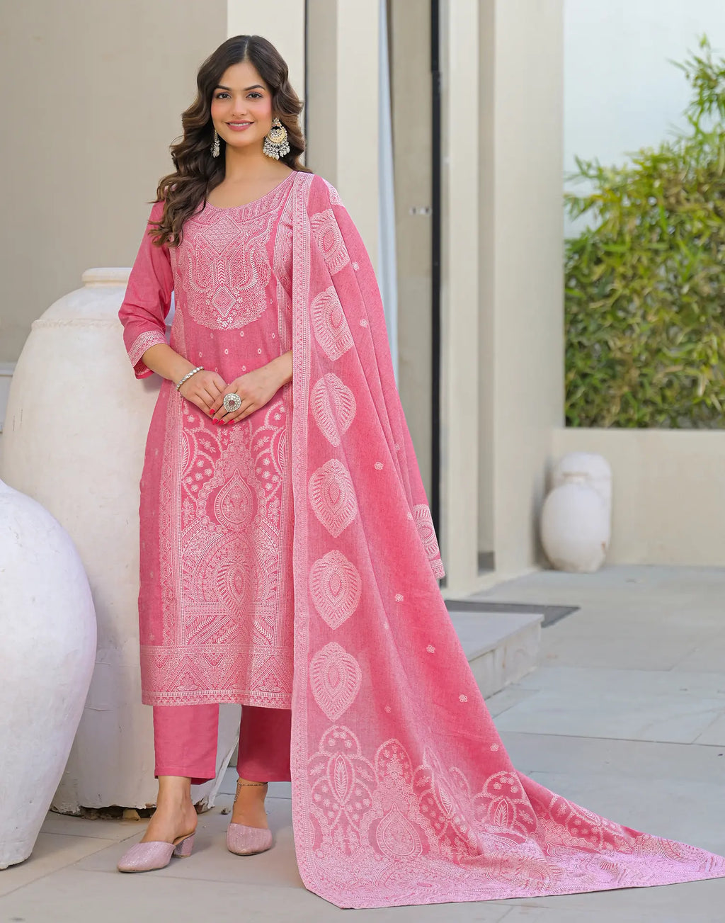 Skylee Cotton Woven Straight 3 Piece Kurta Set For Woman