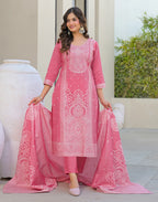 Skylee Cotton Woven Straight 3 Piece Kurta Set For Woman
