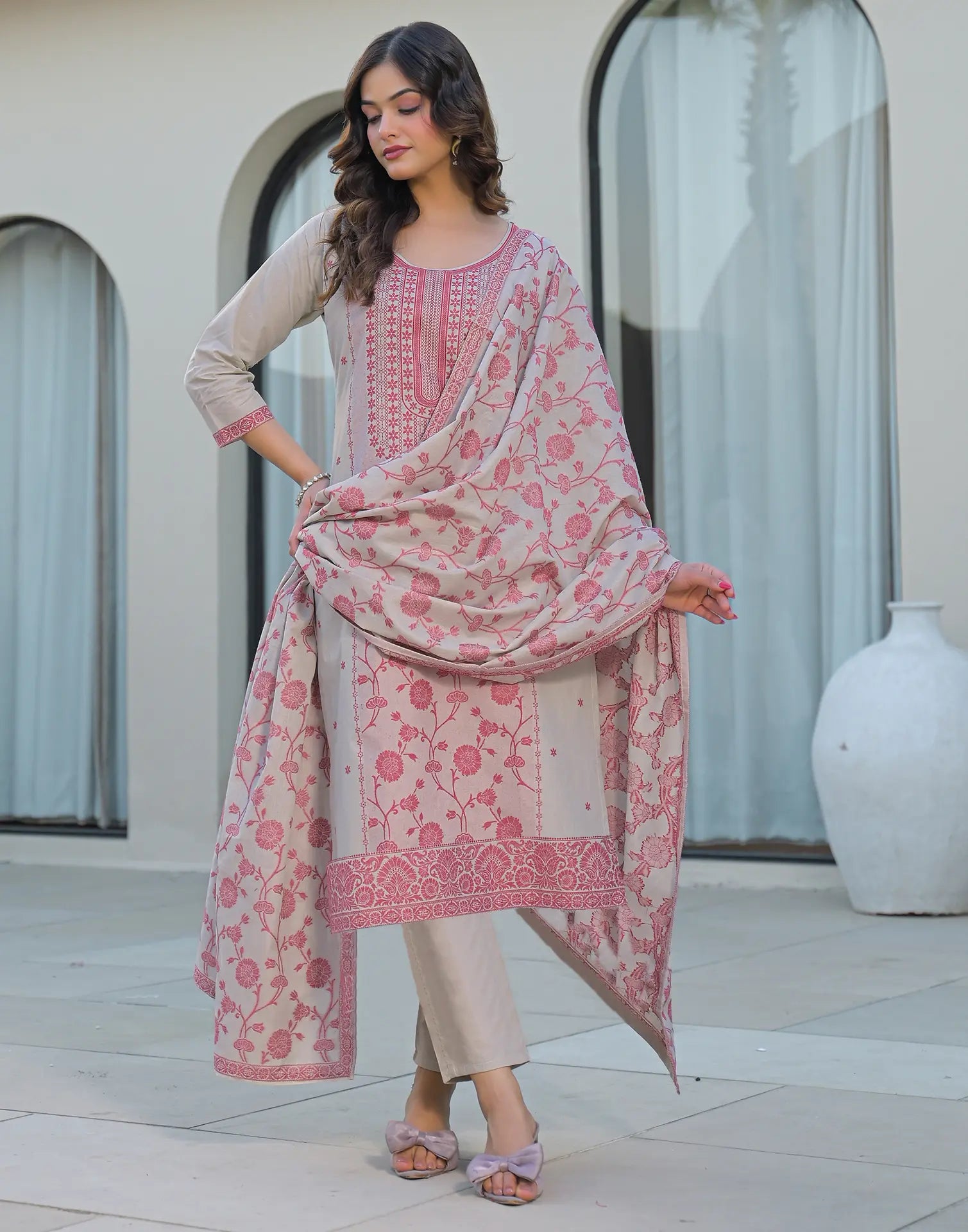 Skylee Cotton Woven Straight 3 Piece Kurta Set For Woman