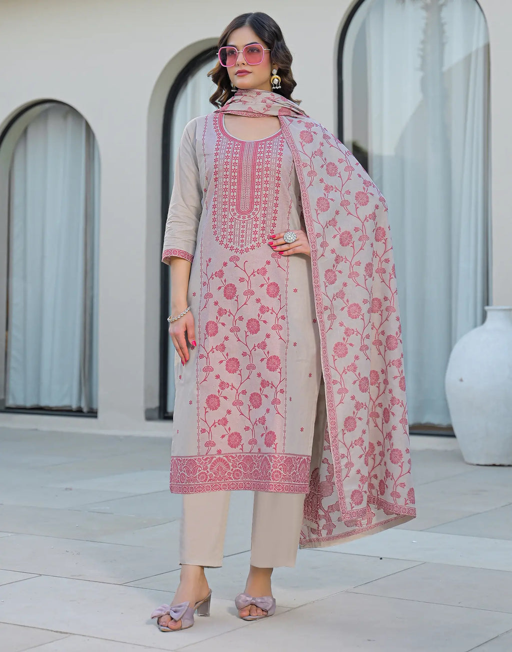 Skylee Cotton Woven Straight 3 Piece Kurta Set For Woman