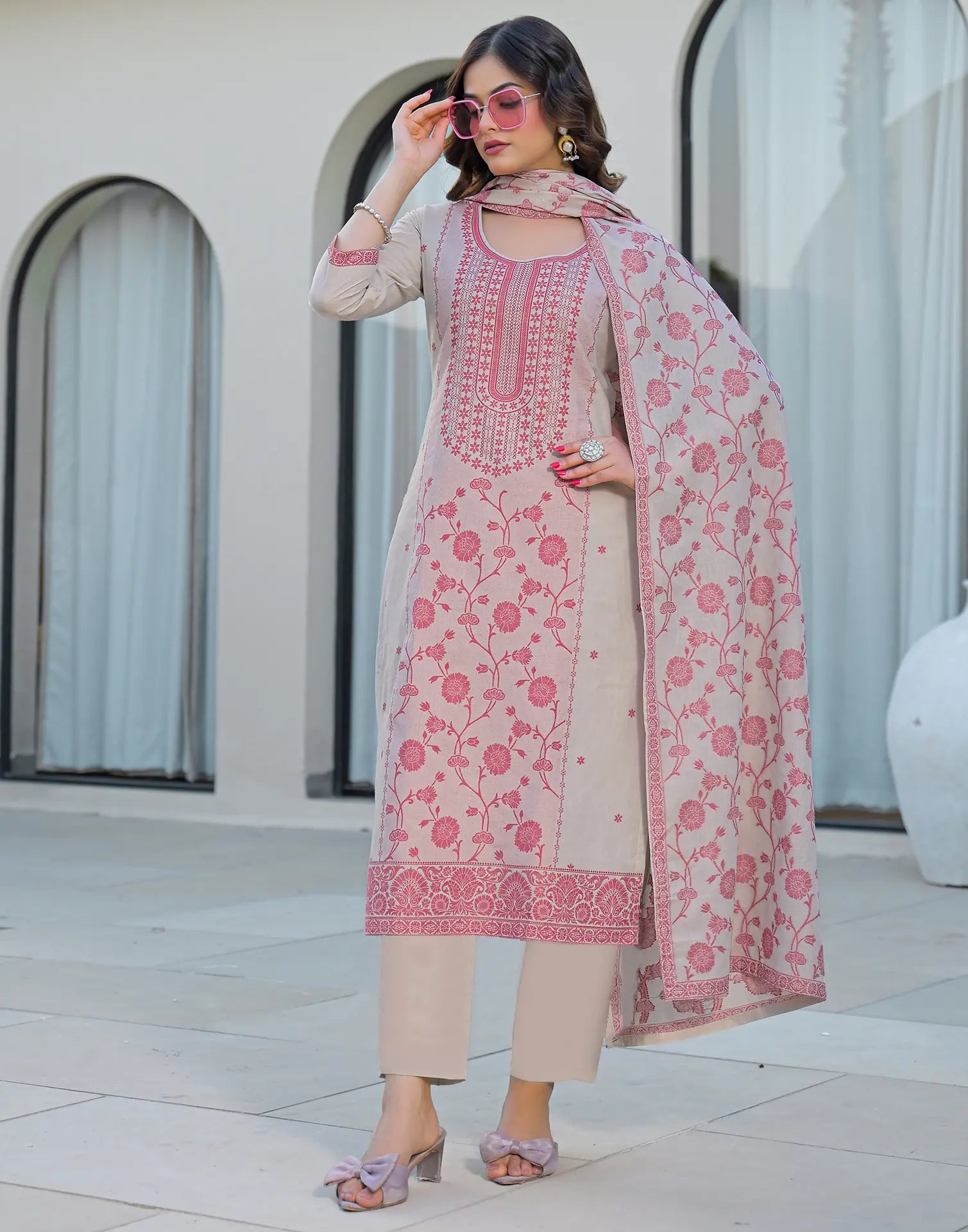 Skylee Cotton Woven Straight 3 Piece Kurta Set For Woman