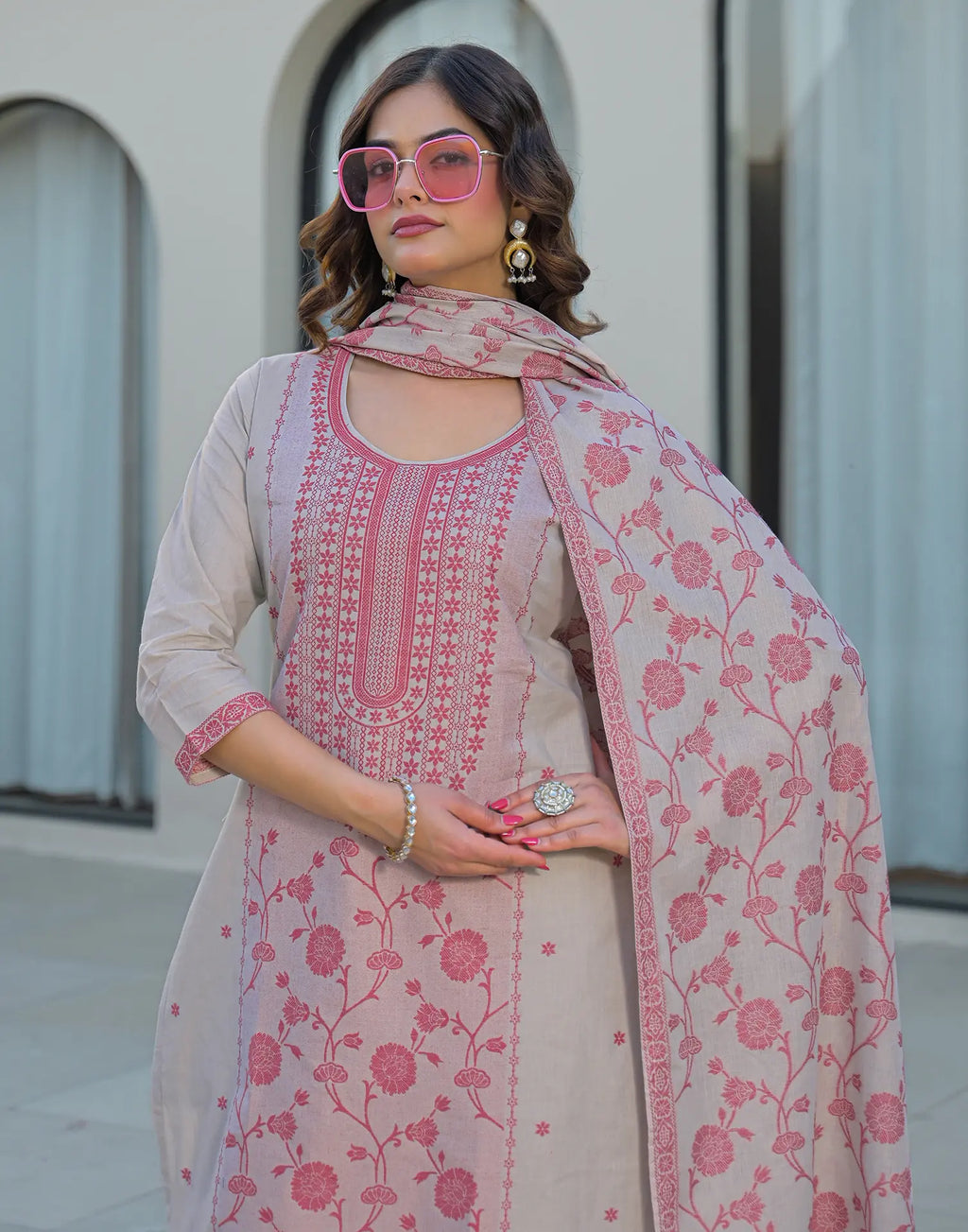 Skylee Cotton Woven Straight 3 Piece Kurta Set For Woman