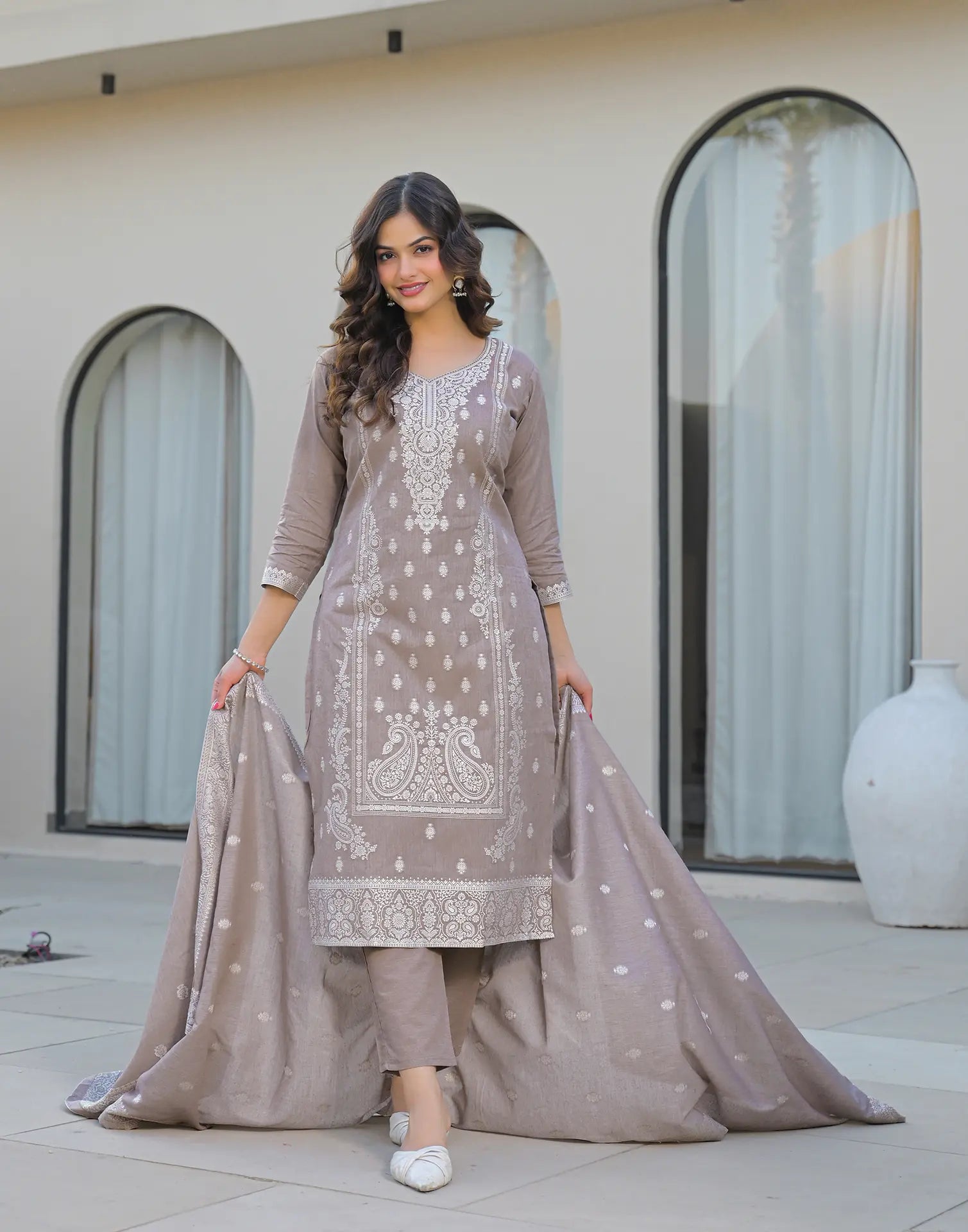 Skylee Cotton Woven Straight 3 Piece Kurta Set For Woman