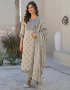 Skylee Cotton Woven Straight 3 Piece Kurta Set For Woman