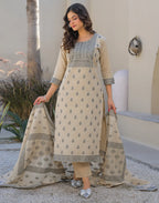 Skylee Cotton Woven Straight 3 Piece Kurta Set For Woman