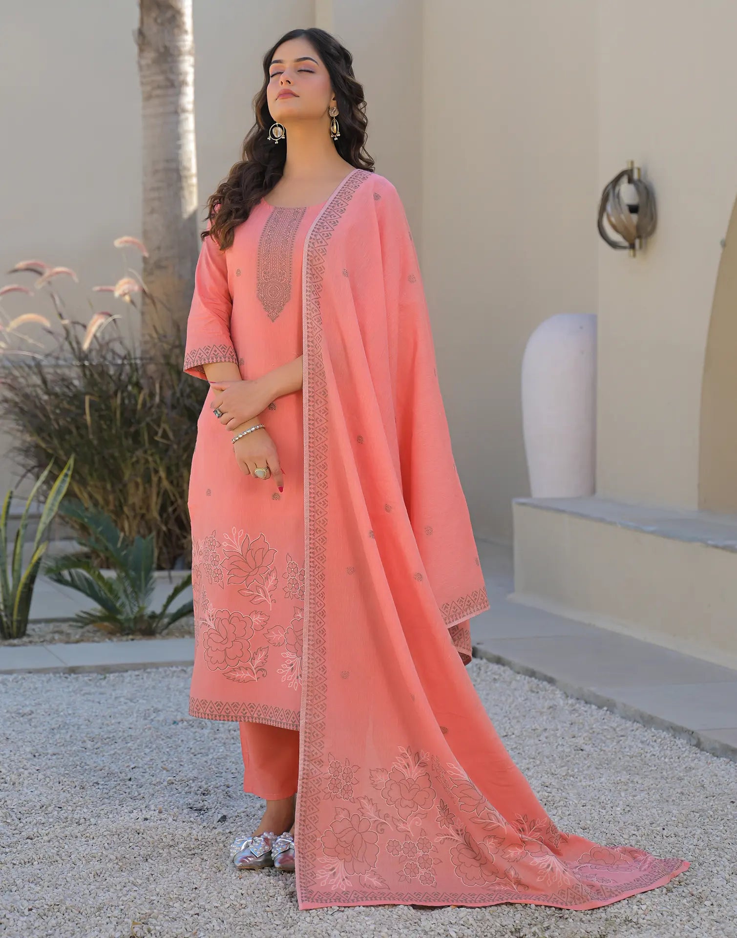 Skylee Cotton Woven Straight 3 Piece Kurta Set For Woman