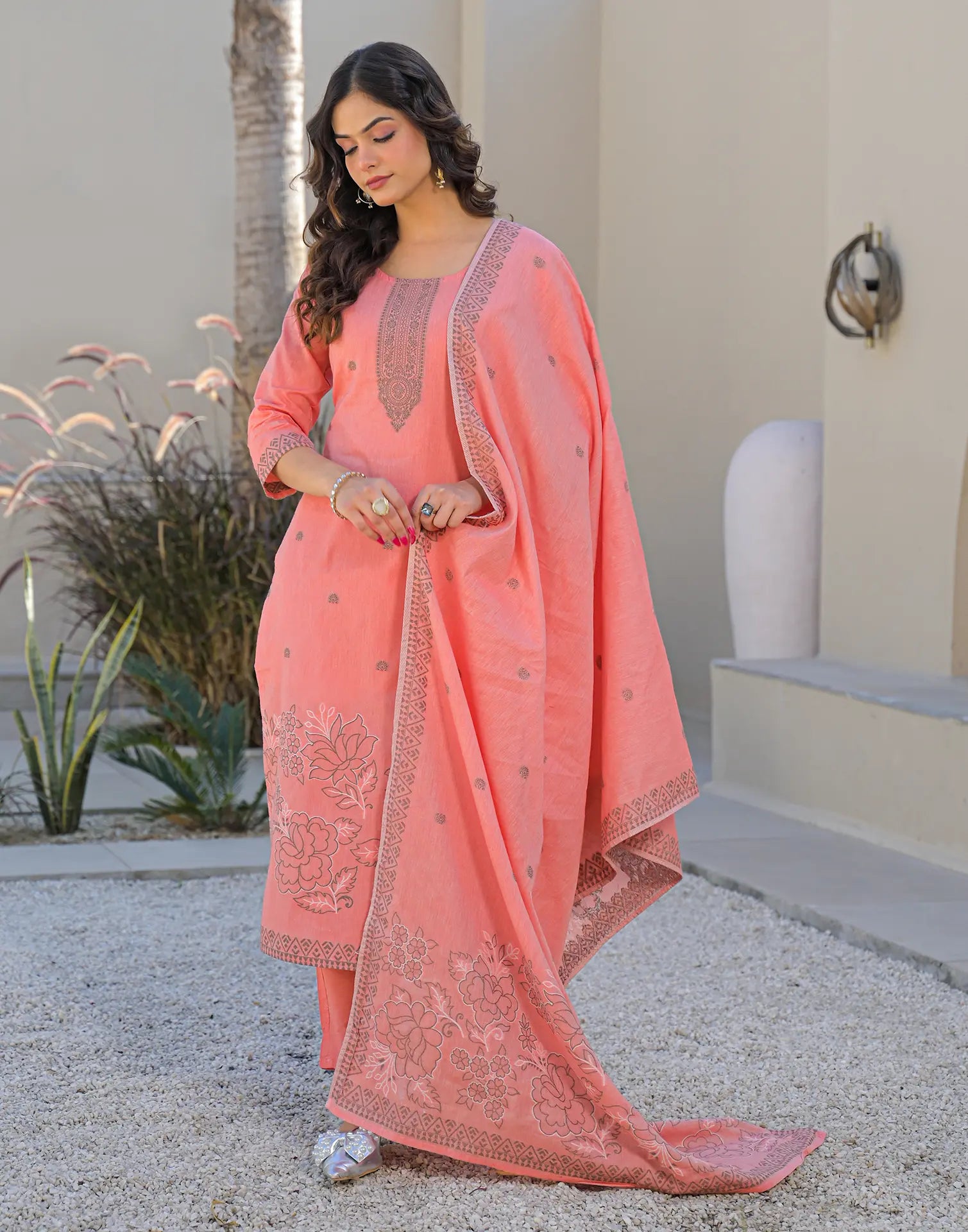Skylee Cotton Woven Straight 3 Piece Kurta Set For Woman